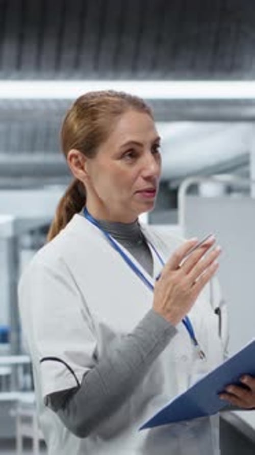 Woman Doctor Explaining in Lab Holding Clipboard