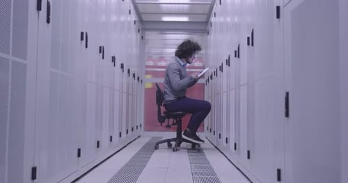 Ingénieur informatique ou spécialiste de la science des données travaillant sur une tablette dans une salle de serveurs dans un cloud moderne