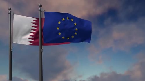 Qatar and European Union Flags Waving Against Blue Sky