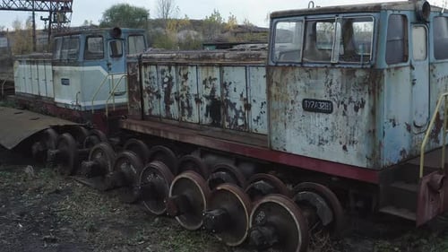 Aerial View of Old Rusty Locomotives of a Narrow Gauge Railway