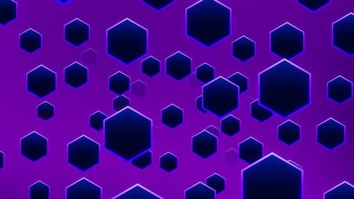 Fondo de animación de bucle hexagonal de neón morado volando en el espacio