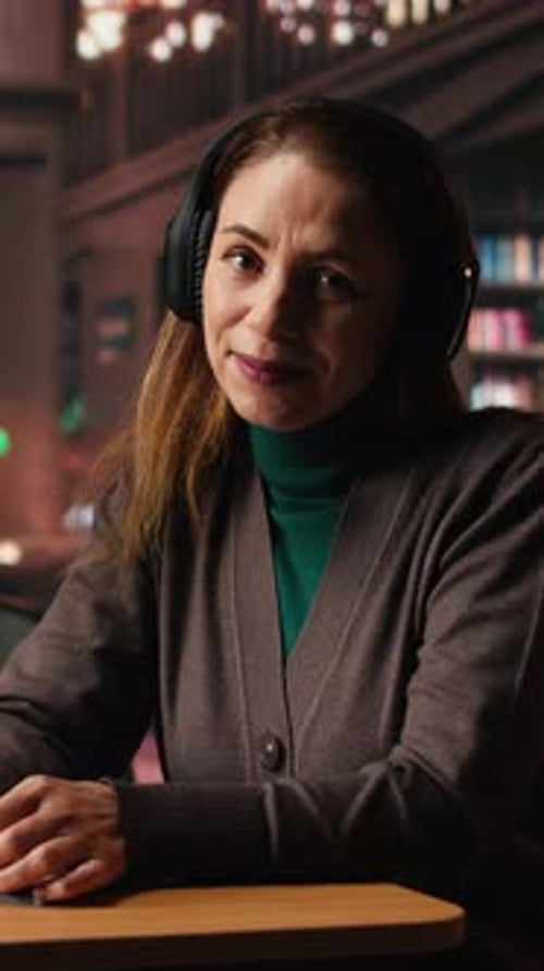 Vidéo verticale Une femme mûre assiste à un webinaire depuis une bibliothèque scolaire silencieuse