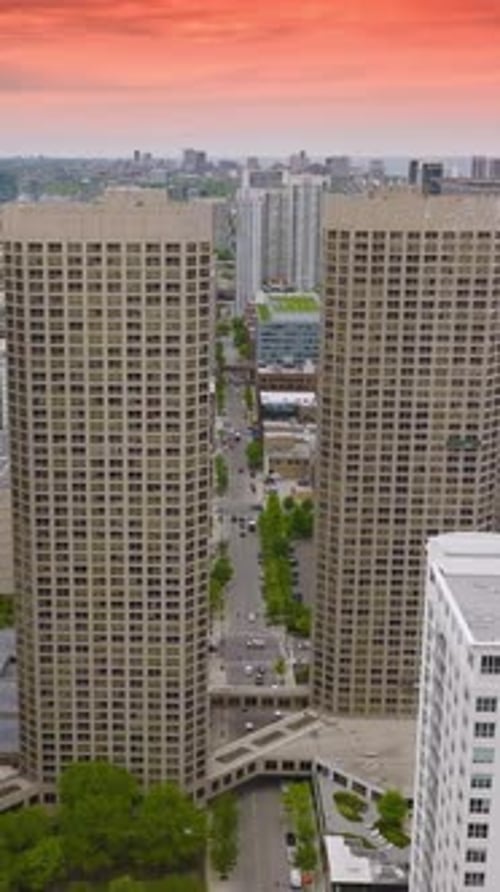 Four similar buildings in the architecture of modern Chicago.
