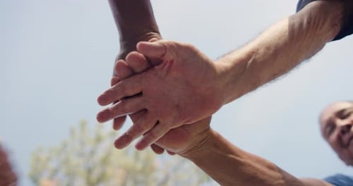 Low angle, hands stack and team building with people outdoor for support and solidarity in nature