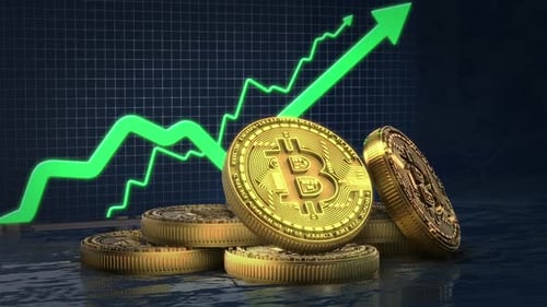 Cryptocurrency Market Growth with Rising Green Arrow and Bitcoin Coins | Element 3D