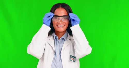 Green screen, face of woman scientist and thumbs up to success, support