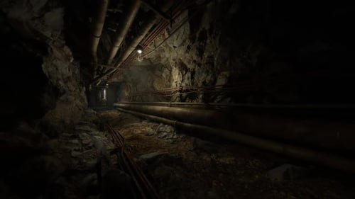 Exploring a Dim Bunker with Rocky Walls and Exposed Pipes
