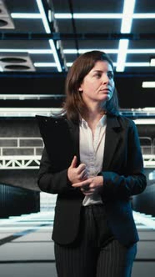 Vertical Video Inspecting Hardware Blue Wireframe Mesh Rackmounts and Manager in Data Center