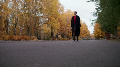 Low Perspective Emphasizes Young Woman Boots Crisp Leather Uppers and Squared Heels Autumn Bridge