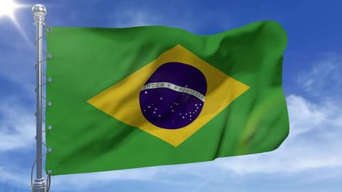 Brazilian Flag Waving in Blue Sky