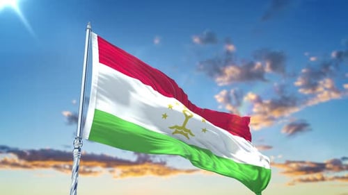 Tajikistan National Flag Waving in Realistic Blue Sky