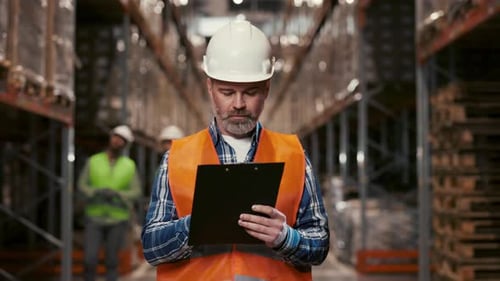 Handsome Caucasian Male Auditor Wearing Hard Hat Looking Around Warehouse and Writing Down
