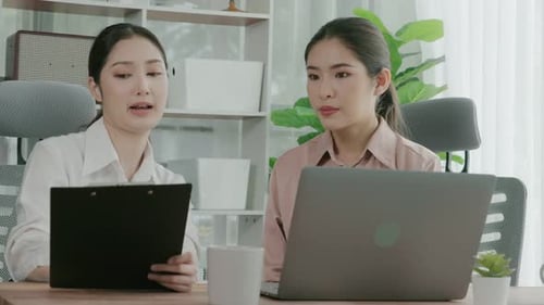 Two Young Enthusiastic Businesswoman Working Together in the Office Workspace