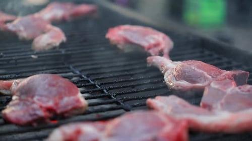 Closeup Shot of Lamb Being Grilled at a Backyard Barbecue or a Roadside Diner
