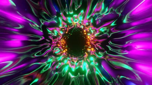 Abstract Tunnel of Multicolored Neon Polygons on Black Background