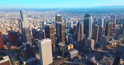 Gorgeous skyscrapers surrounded by busy traffic roads in Los Angeles, USA. B
