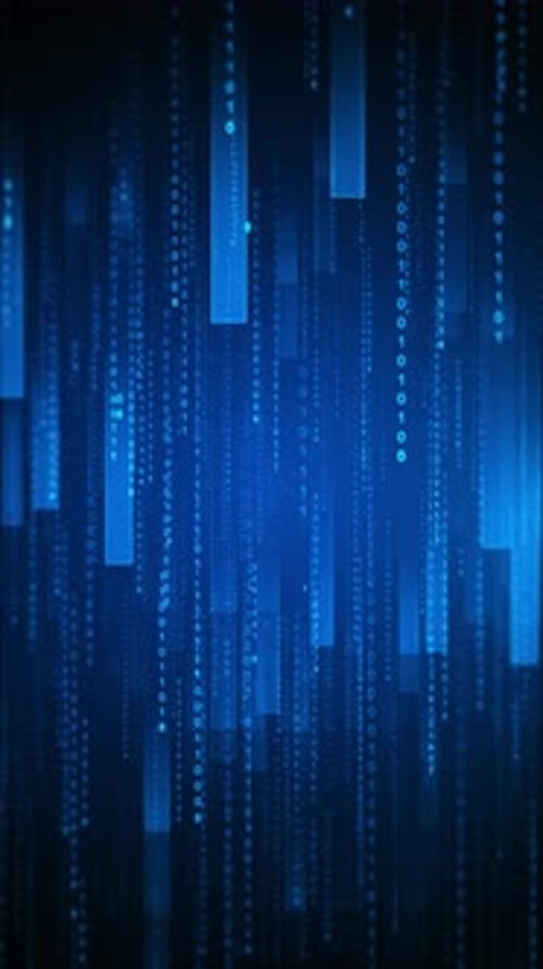 Binärcode-Regen von Blue Technology in einem von Matrix inspirierten futuristischen Stil. Gehackte Software. Matrix-Säge