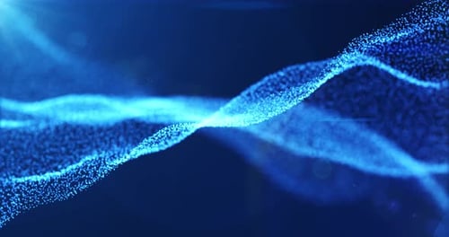 Ondas de partículas digitais com movimento de luz e fundo desfocado, fundo ondulado futurista abstrato