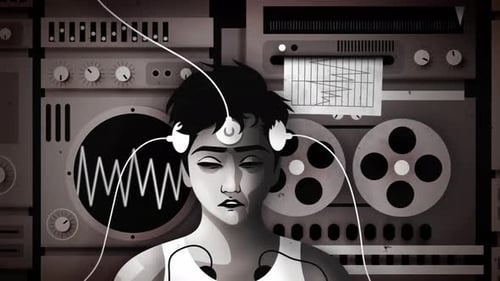 man with electrodes subjected to experimental research vintage black and white
