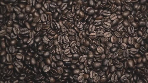 Roasted dark coffee grains rotating and spinning. Close up of coffee beans. birds eye view.