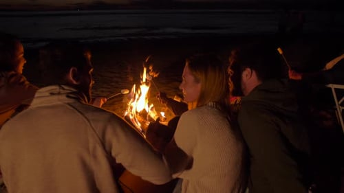 Leisure and People Concept - Group of Smiling Friends Sitting at Camp