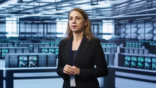 System Administrator in High Tech Data Center Looking at Hologram Visualization