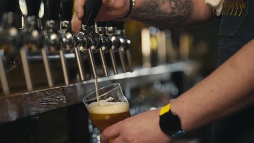 Slow Motion Close Up of Bartender Pouring Beer Into a Glass