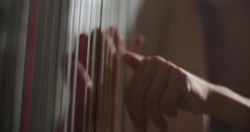 Close Up of Harp Strings Being Plucked
