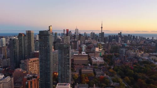 Downtown skyscrapers, CN Tower and Lake Ontario in Toronto, Ontario, Canada.