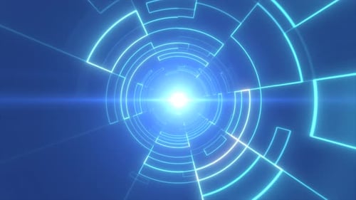 Abstract futuristic tunnel with concentric light rings and geometric patterns, central glowing light