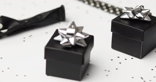 Rotation of Festival Birthday Party Background with Black and Silver Gift Box