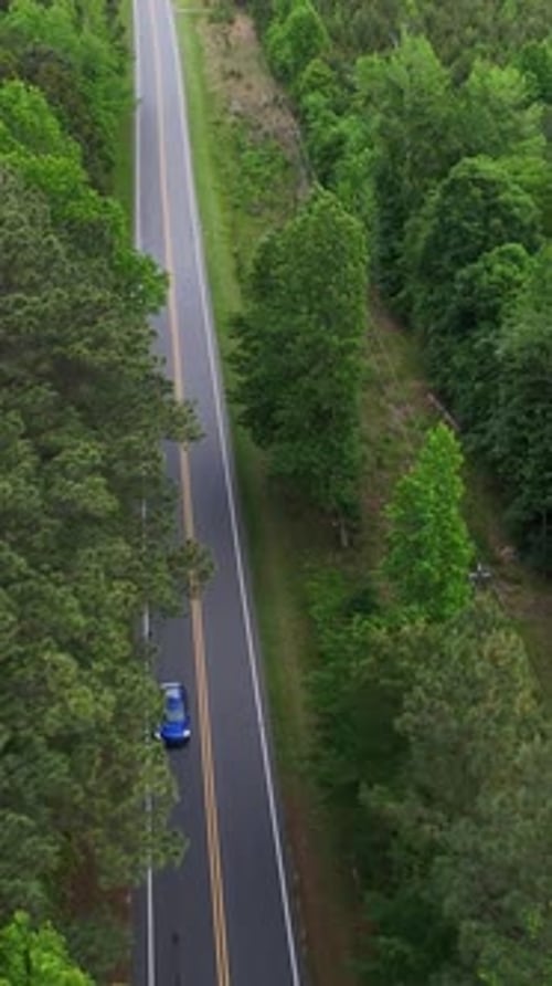 Scenic Aerial View of a Curving Forest Road Surrounded By Lush Green Landscape Capturing Peaceful