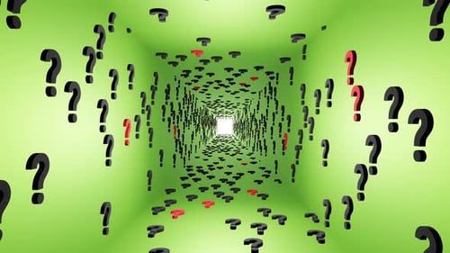 Question marks symbols tunnel icon green background 3d render. Digital cyberspace questions