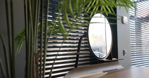 Modern Wooden Boudoir Table with Minimalist Round Mirror with Room Flowers