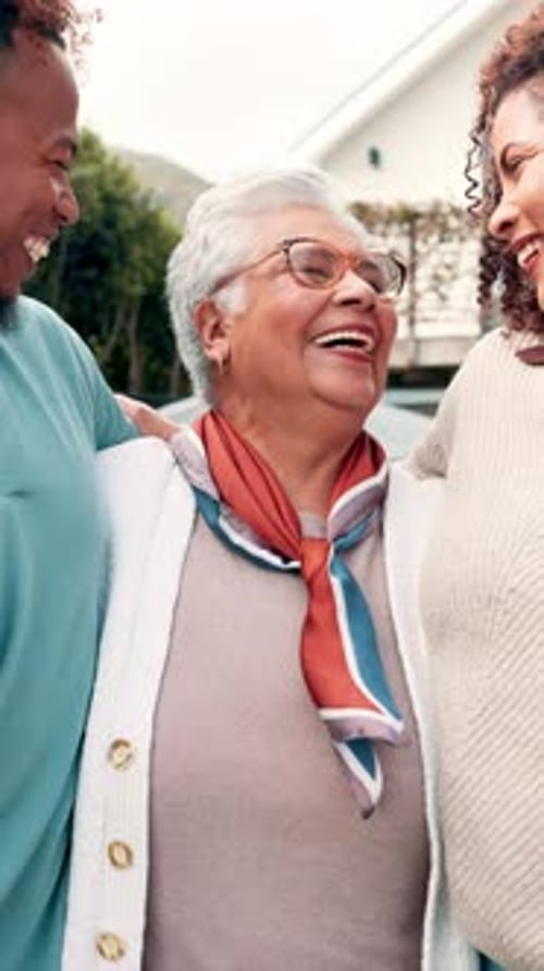 Talk, old woman and laughing with family, outdoor and people with senior parent