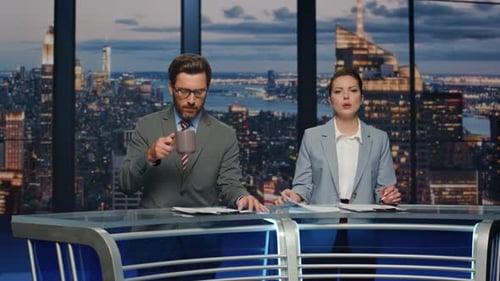 Team Reporters Talking News Studio Evening Broadcast Closeup Anchors Speaking