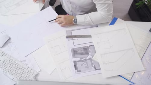 Architect Working on Blueprints at Bright Desk