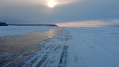 Driving on Ice Road of Lake Baikal