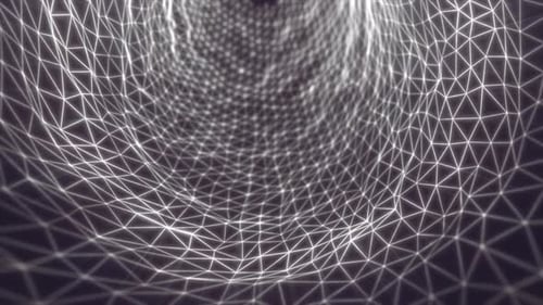 Monochrome digital mesh tunnel with glowing white triangle wireframes forming a dynamic data grid