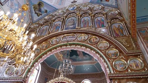 18. Interior, architecture of the Orthodox church with painting, iconostasis and panikadylo.