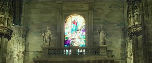 Establishing Shot Inside Old Cathedral with Stained Glass