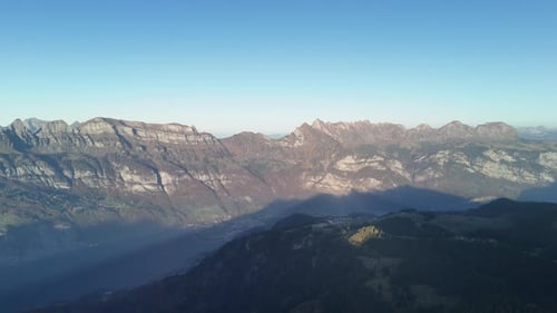 Alpine mountains aerial drone landscape, Switzerland alps valley nature