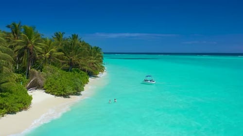 Paradise white sand beach, turquoise ocean, green palm trees and blue sky with clouds on a sunny day