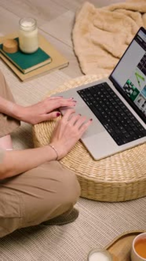 Woman Works on Laptop, Comfortable Interior Setting