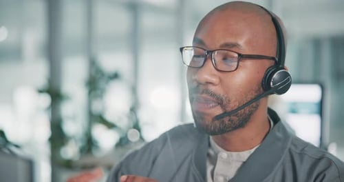 Customer service, business and happy black man in office with headset for talking