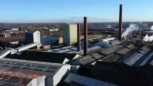 Pilkington glass factory warehouse buildings aerial view industrial town manufacturing facility, zoo