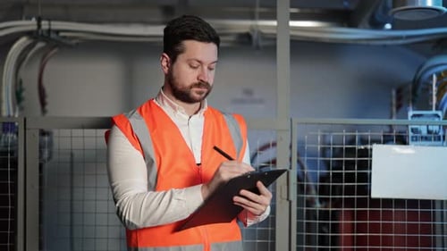 Man Writing on Clipboard in Orange Safety Vest