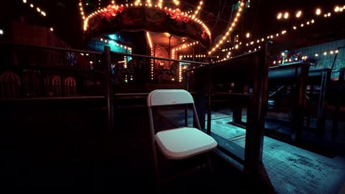An Empty Amusement Park at Night with a Single Chair Near the Carousel