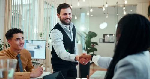 Office, business people and man with handshake for promotion, welcome and hello for meeting