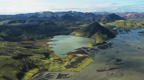 Aerial view of Landmannalaugur lake, Iceland.